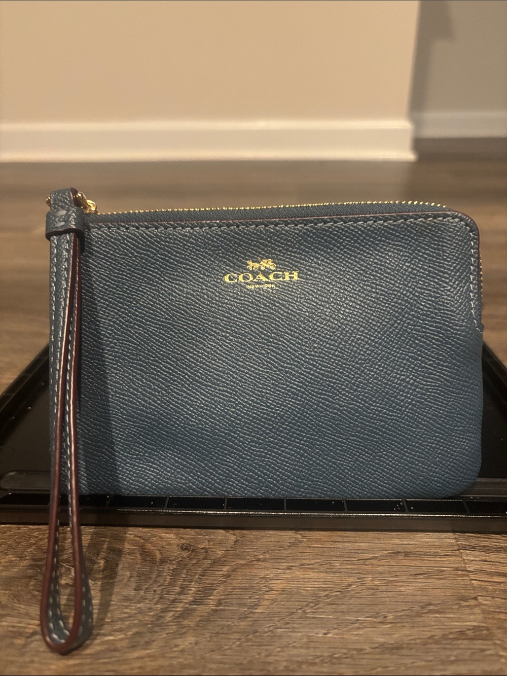 Coach Navy Leather Wristlet with Gold Logo